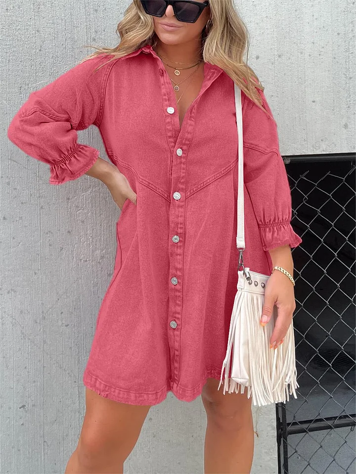 Washed denim dress with puff sleeves
