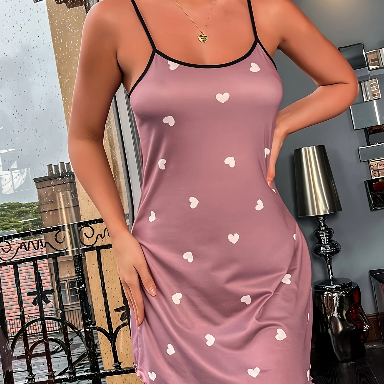 LD Nightshirt with heart pattern and romantic ruffles