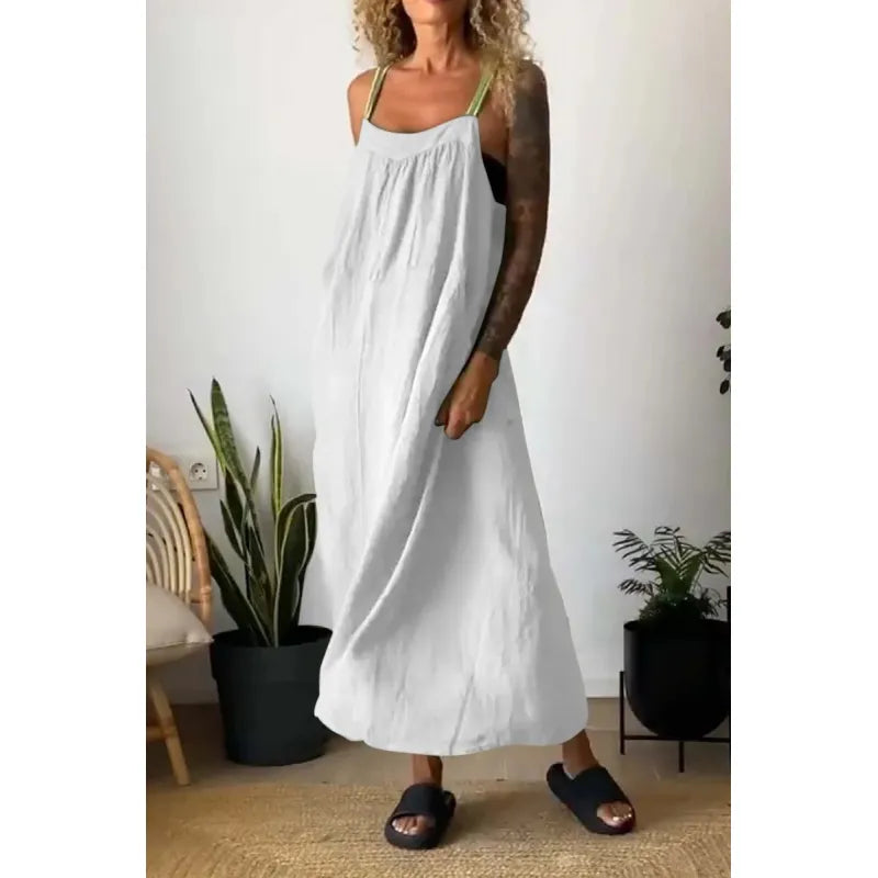 LD Long chambray dress with pockets and contrasting straps in beau blue