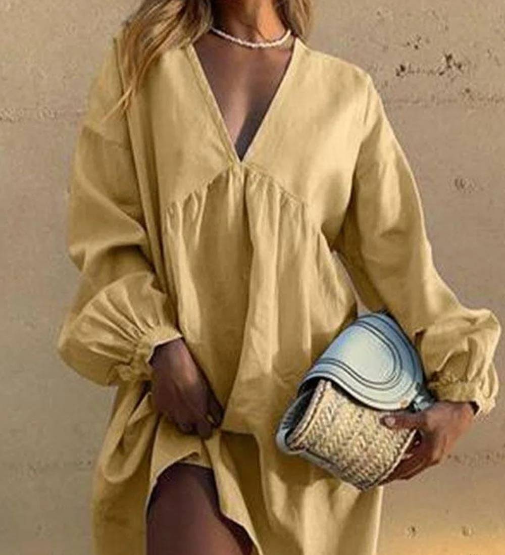 LD Casual dress with V-neck and pleated lantern sleeves