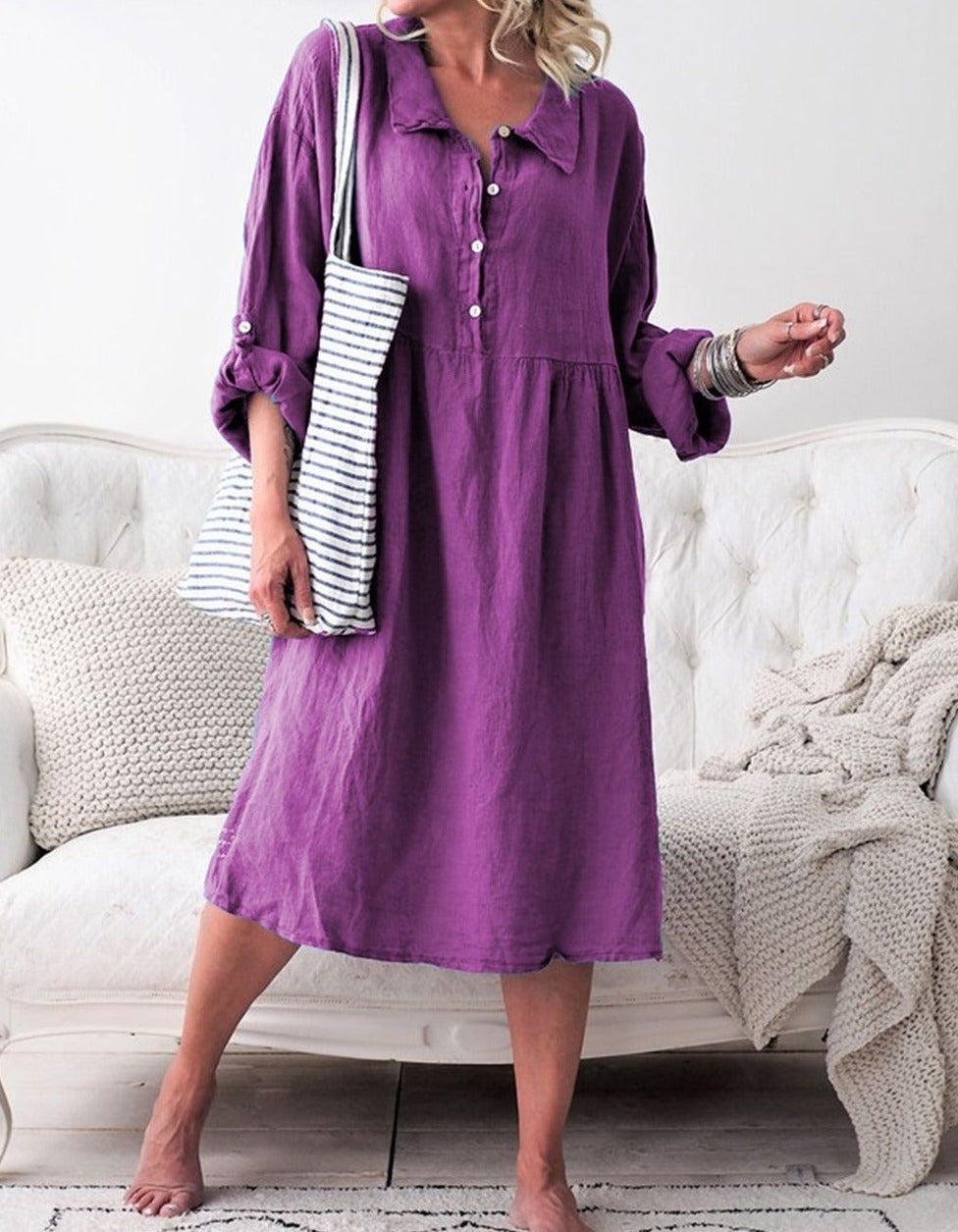 LD Basic fabric dress with buttons and shirt collar with long sleeves