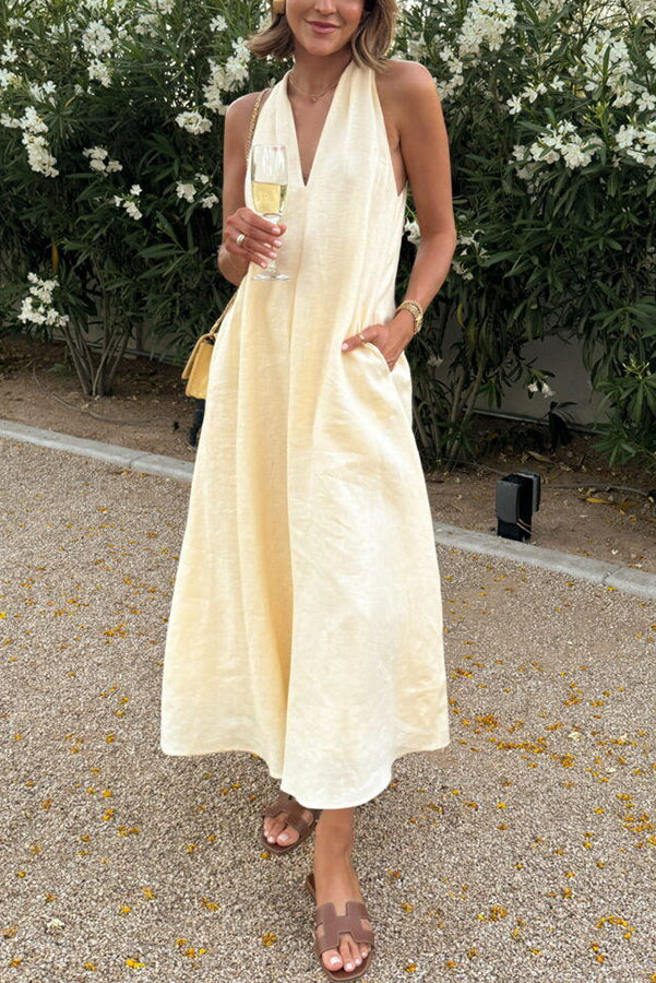 LD A-line midi dress with twisted back from linen blend