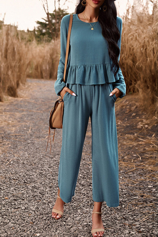 Temperament leisure suit one-color long-sleeved top loose pants