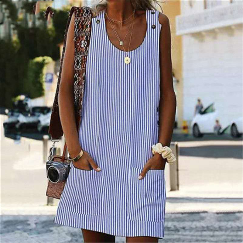 round-neck pocket striped jumpsuit button casual jumpsuit skirt