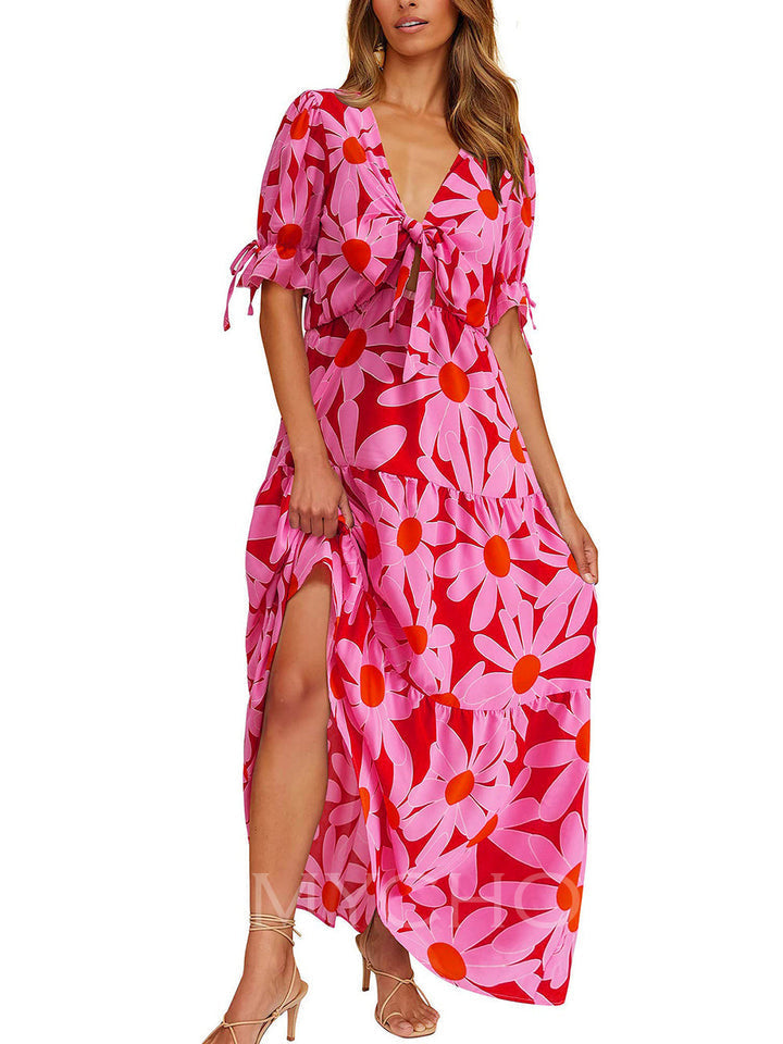 LD Casual beach dress with floral print, short sleeves and V-neck with slit
