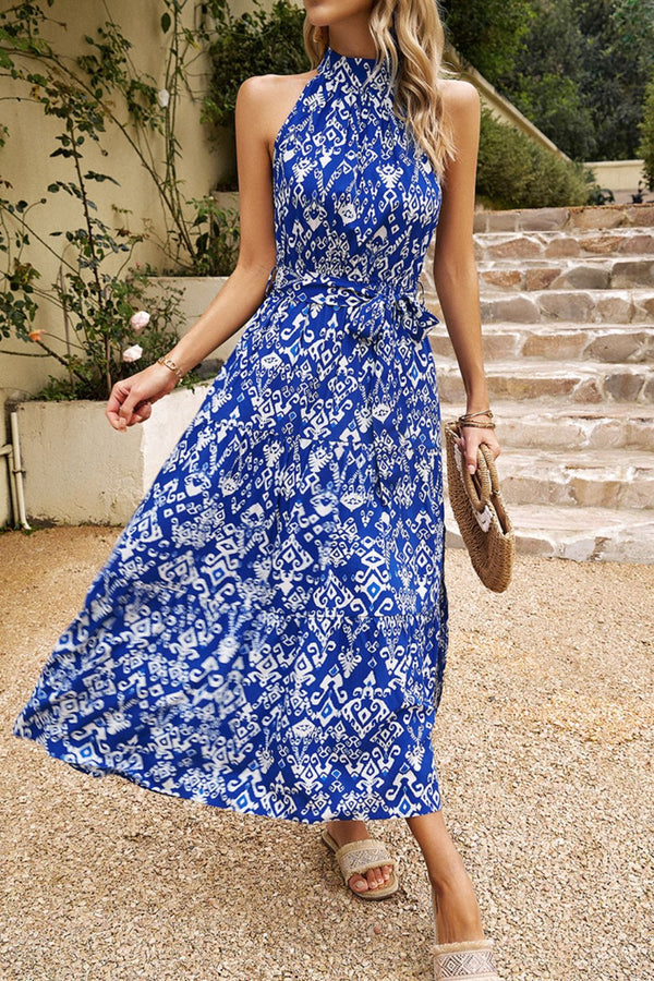 LD Sleeveless split dress with printed mock neckline