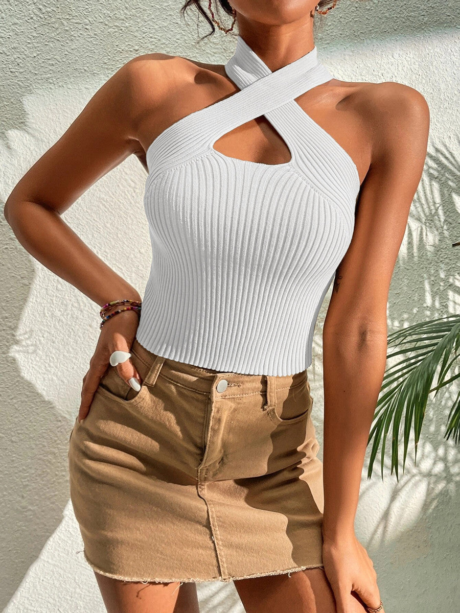 Anny Ribbed Knit Halter Top with Heart Cross