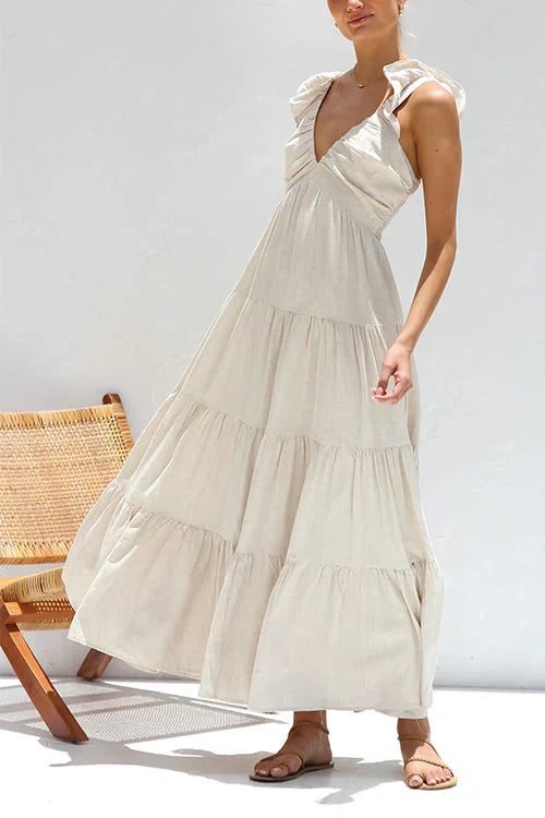 LD Margovil Sleeveless linen maxi dress with V-neck and ruffles