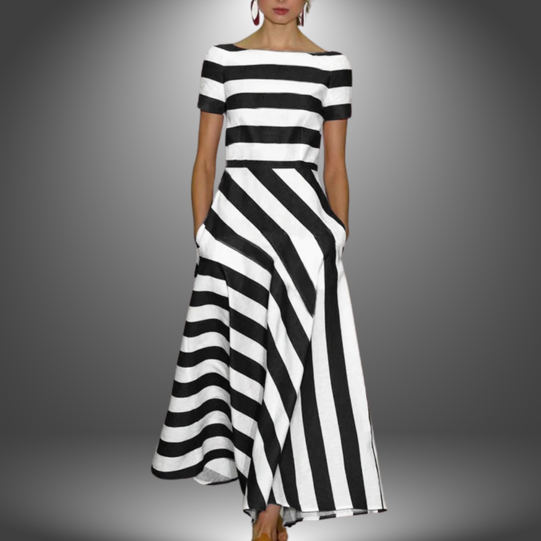 Elegant long dress with striped pattern and short sleeves