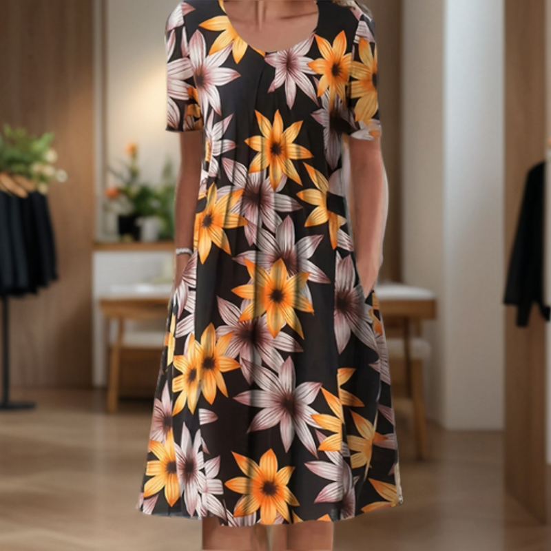 LD Wide dress with round neck, three-quarter sleeves and print pattern