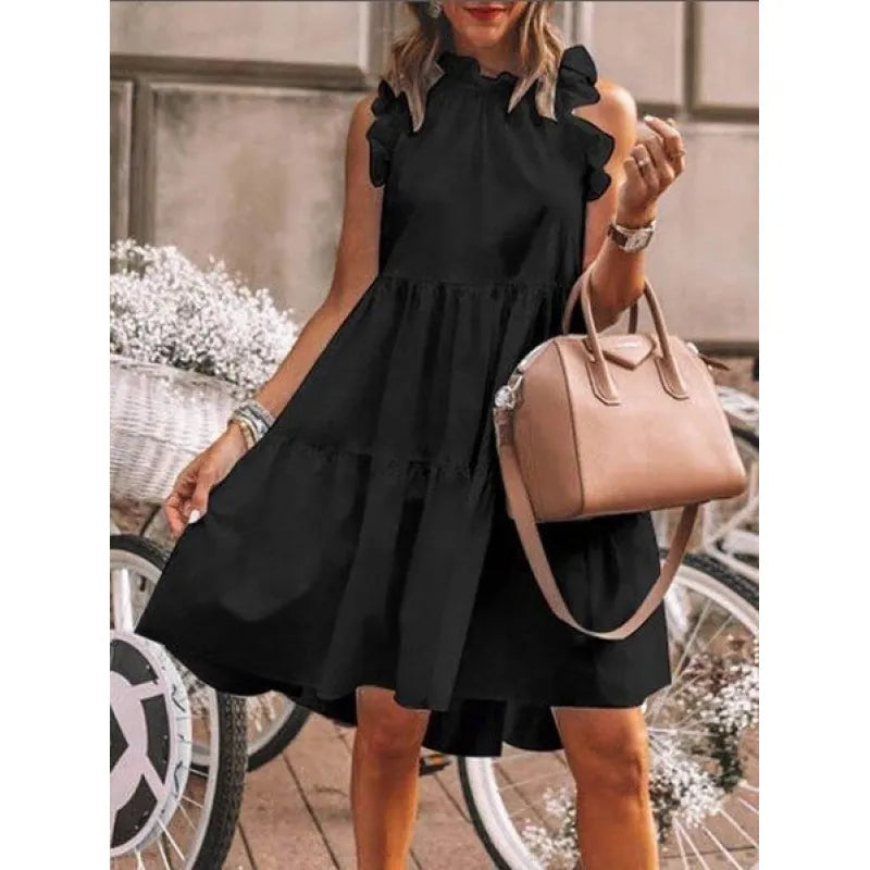 Fashion Sweet plain with mixed ruffles, A-line dress with round neckline