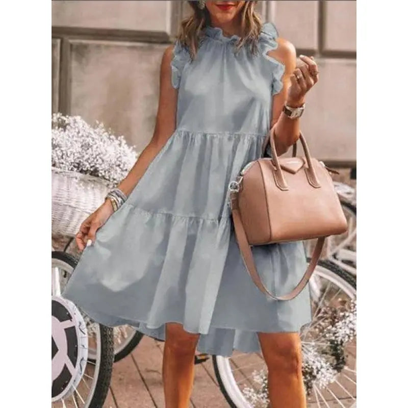 Fashion Sweet plain with mixed ruffles, A-line dress with round neckline