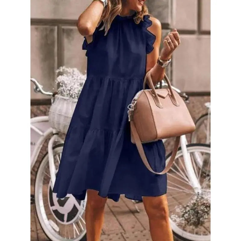 Fashion Sweet plain with mixed ruffles, A-line dress with round neckline