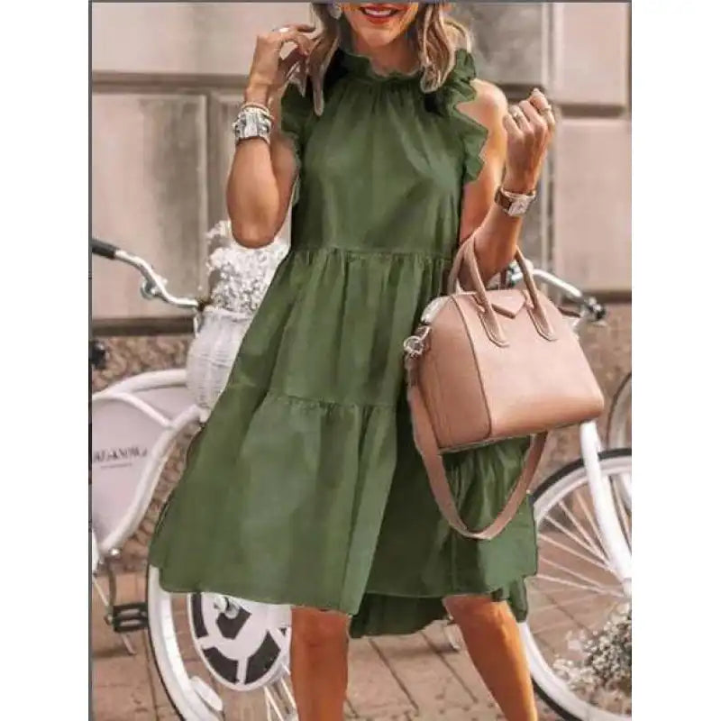 Fashion Sweet plain with mixed ruffles, A-line dress with round neckline