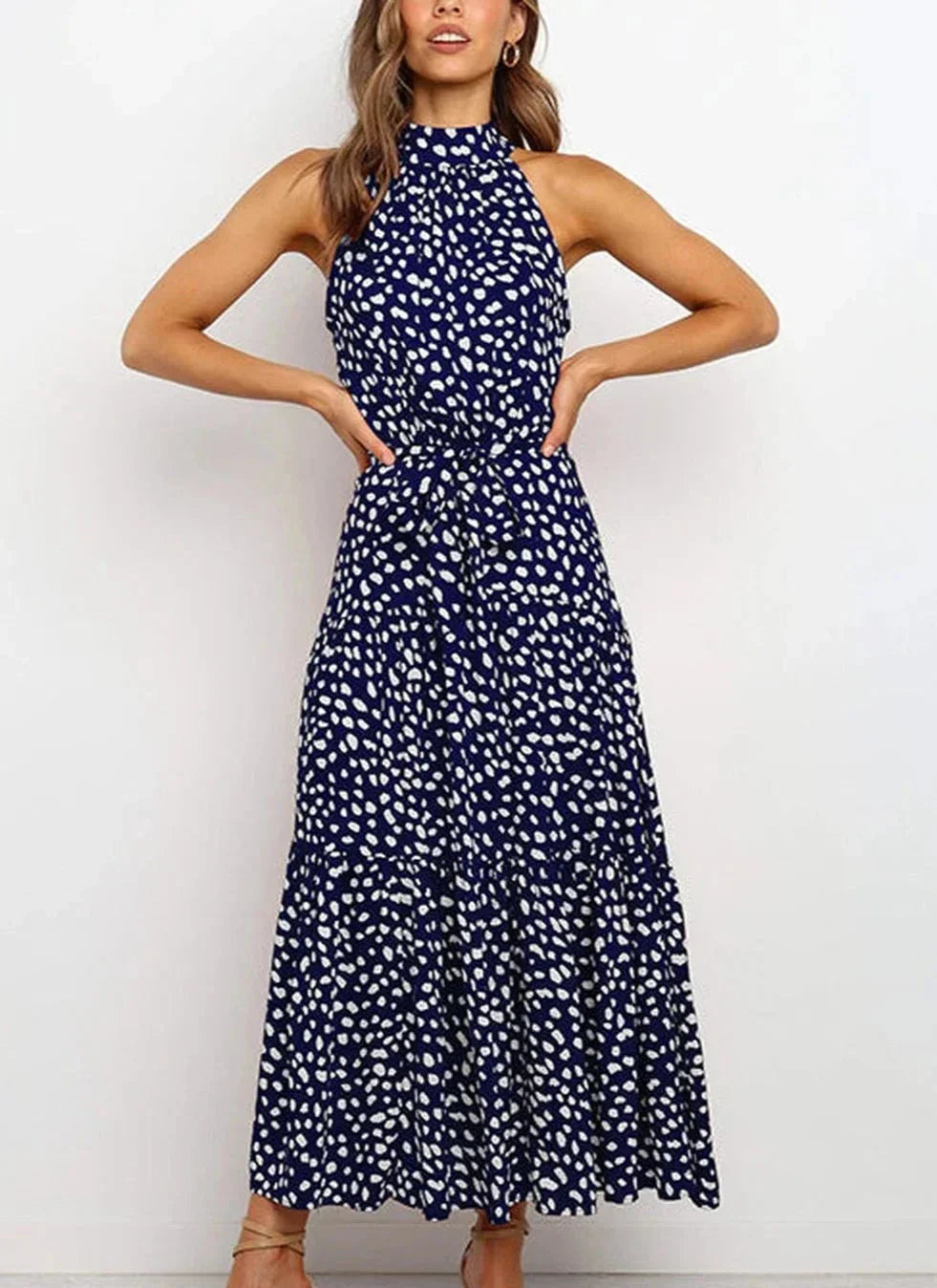 Printed long dress with bow at the waist