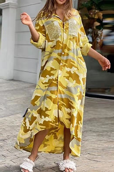 LP | casual print, camouflage print, shirt dress, sequin and buckle dress, collar