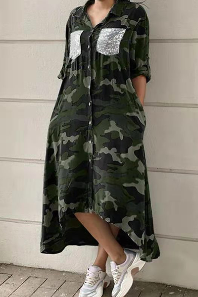 LP | casual print, camouflage print, shirt dress, sequin and buckle dress, collar