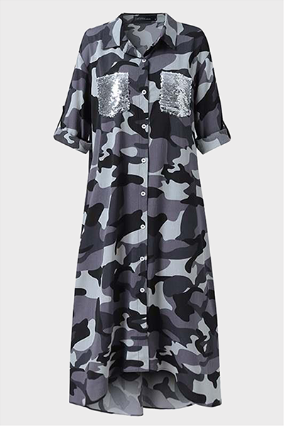LP | casual print, camouflage print, shirt dress, sequin and buckle dress, collar
