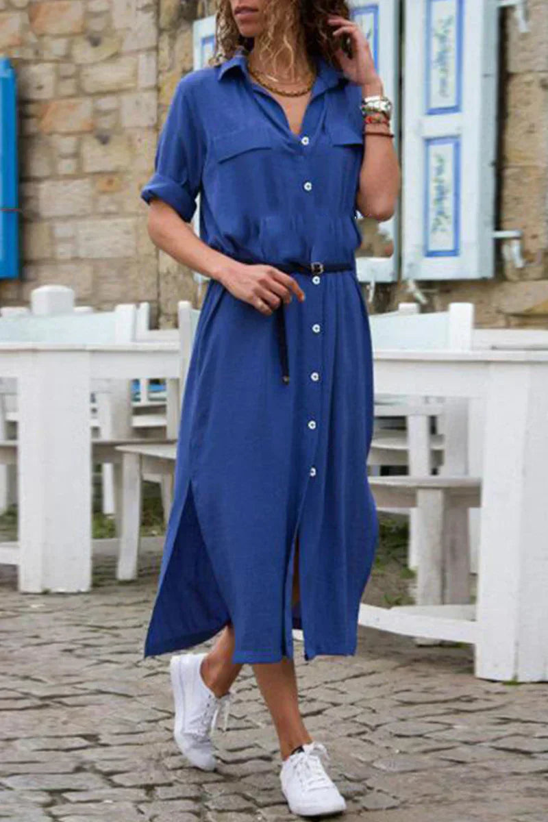 LP | Casual shirt dress with turn-up collar and monochrome patchwork