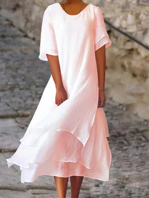 Lightweight long dress with short sleeves and striped skirt