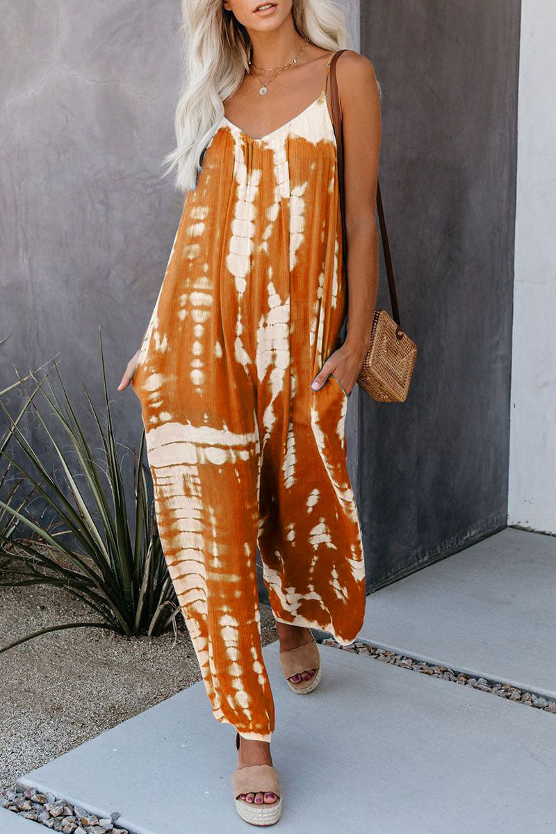 Casual Patchwork Tie-dye Spaghetti Strap Straight Jumpsuits (10 colors)