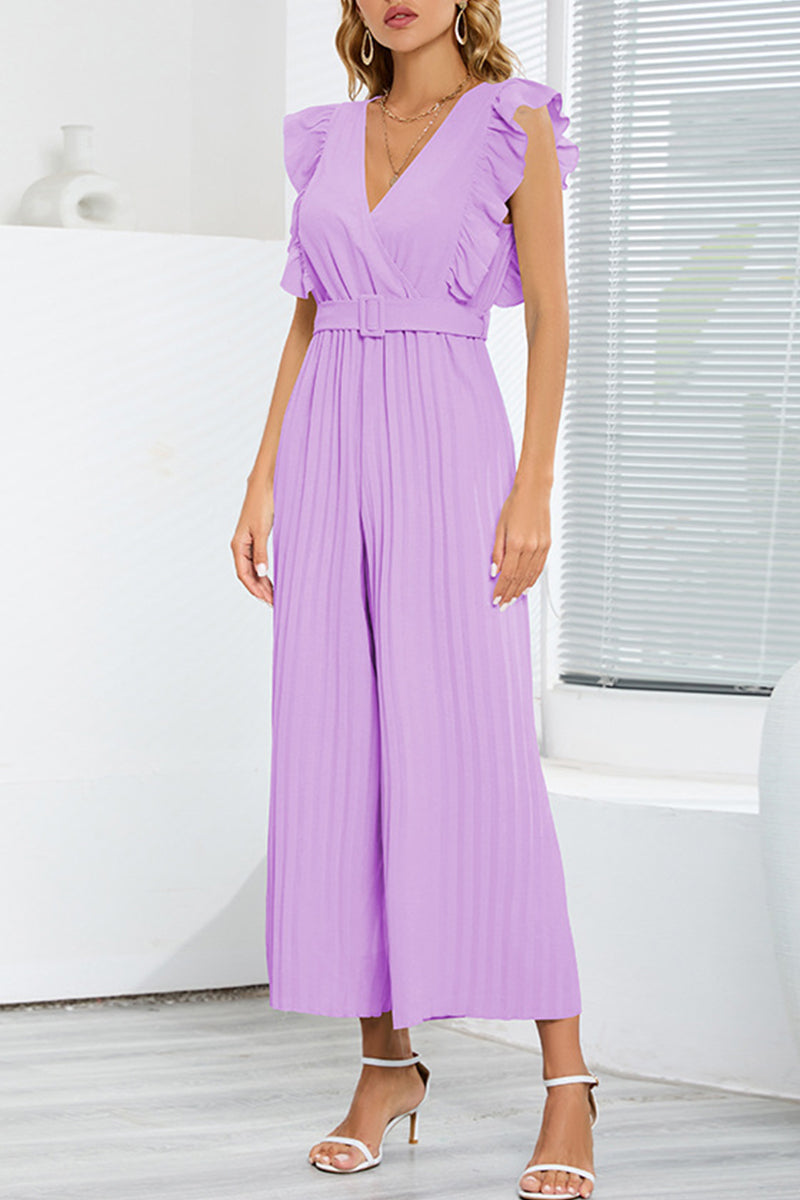 Casual simplicity solid with belt V-neck regular jumpsuits