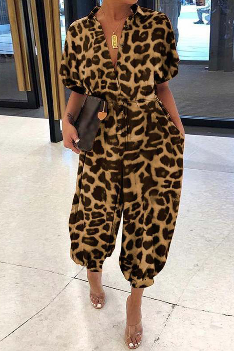 Plus Size Casual Vintage Leopard Frenulum Print Loose Jumpsuits