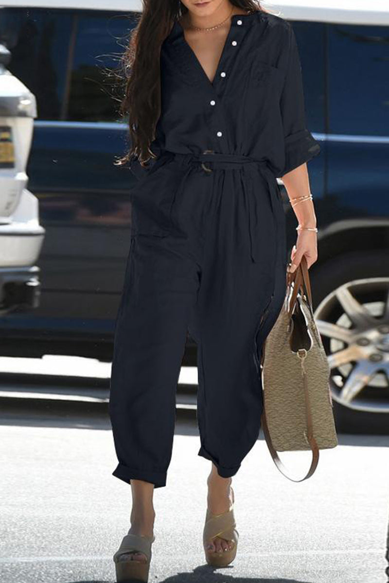 LD Casual Everyday Solid Frenulum Turn-down Collar Regular Jumpsuits (3 colors)