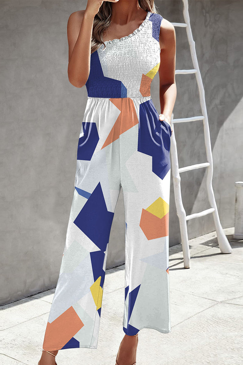 Casual Print Patchwork Bag Bias Collar Loose Jumpsuits