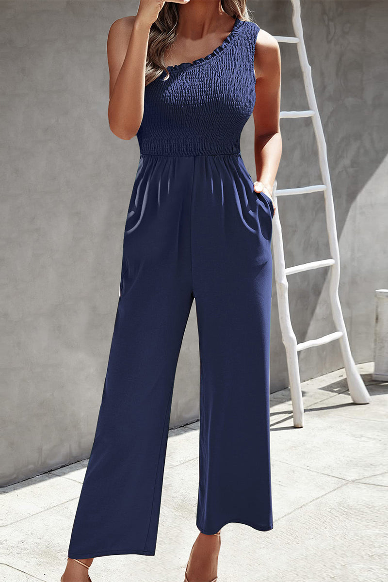 Casual Print Patchwork Bag Bias Collar Loose Jumpsuits