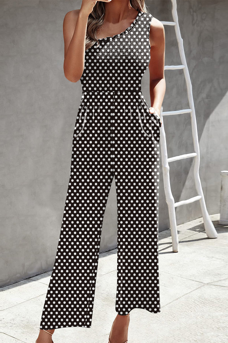 Casual Print Patchwork Bag Bias Collar Loose Jumpsuits