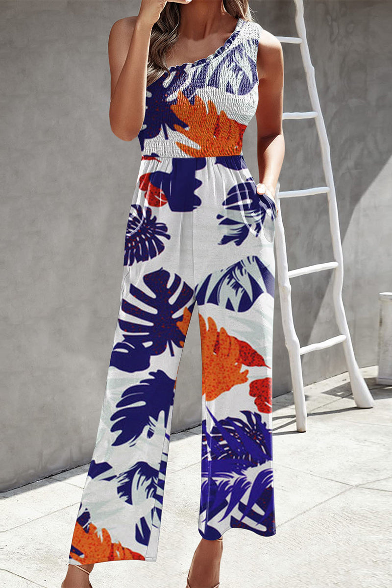 Casual Print Patchwork Bag Bias Collar Loose Jumpsuits