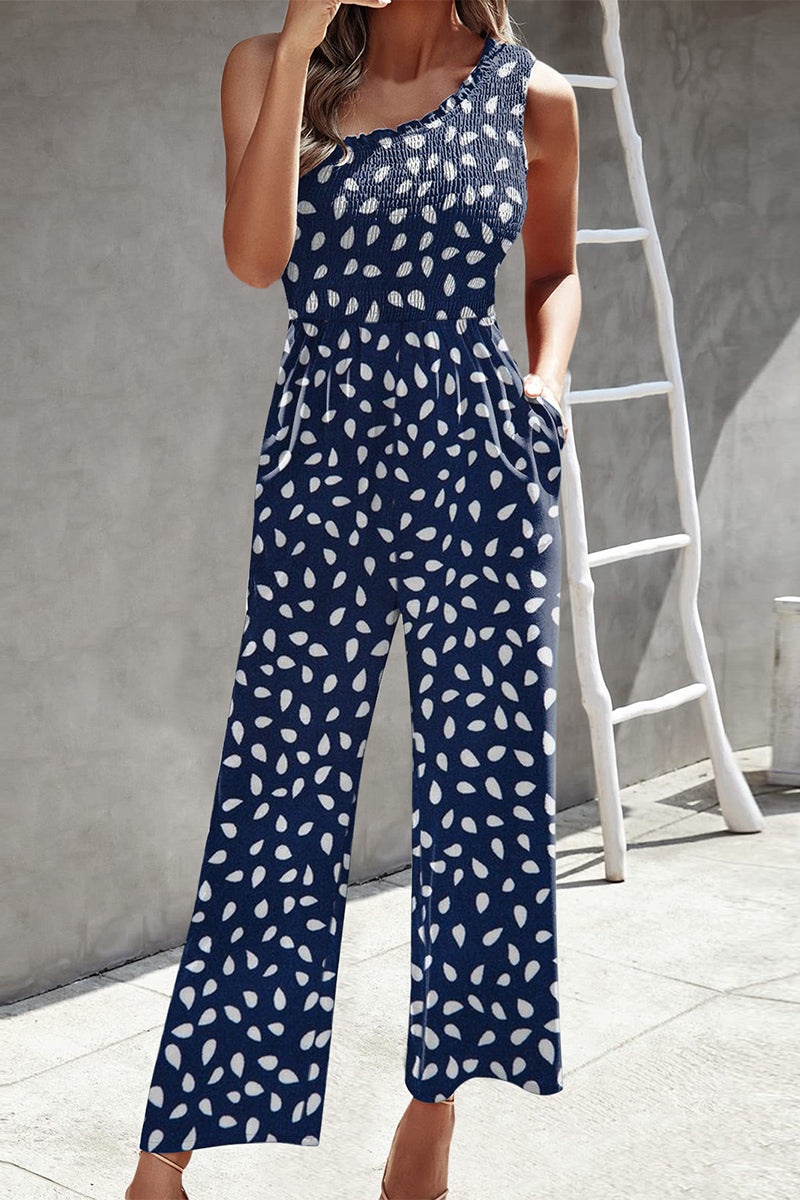Casual Print Patchwork Bag Bias Collar Loose Jumpsuits