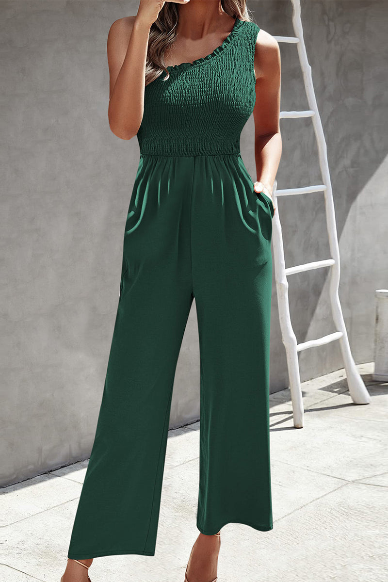 Casual Print Patchwork Bag Bias Collar Loose Jumpsuits