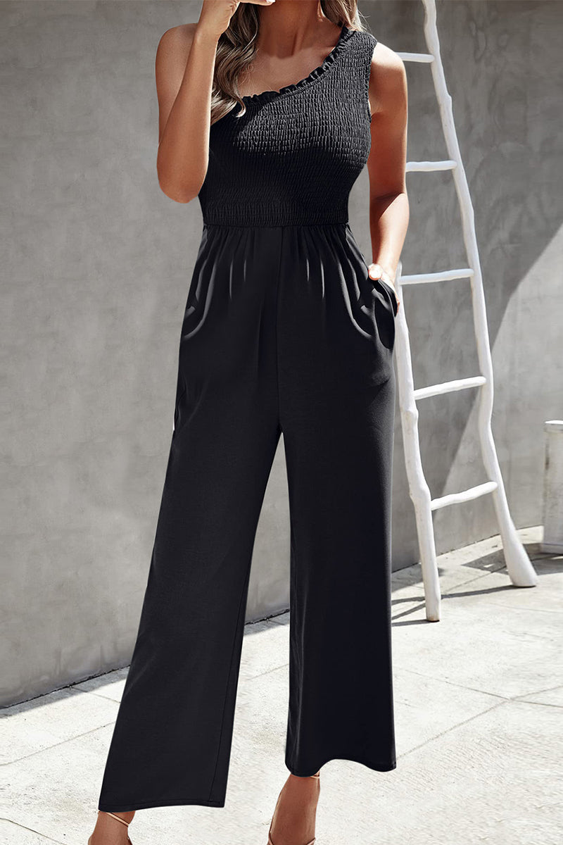 Casual Print Patchwork Bag Bias Collar Loose Jumpsuits