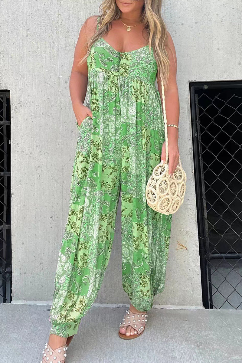 Floral Pocket V-Neck Loose Jumpsuits