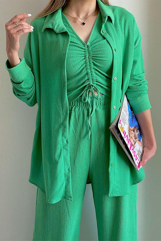 LD Casual Solid Draw String Fold Turndown Collar Long Sleeve Three-Piece (Shirt Vest Pants)