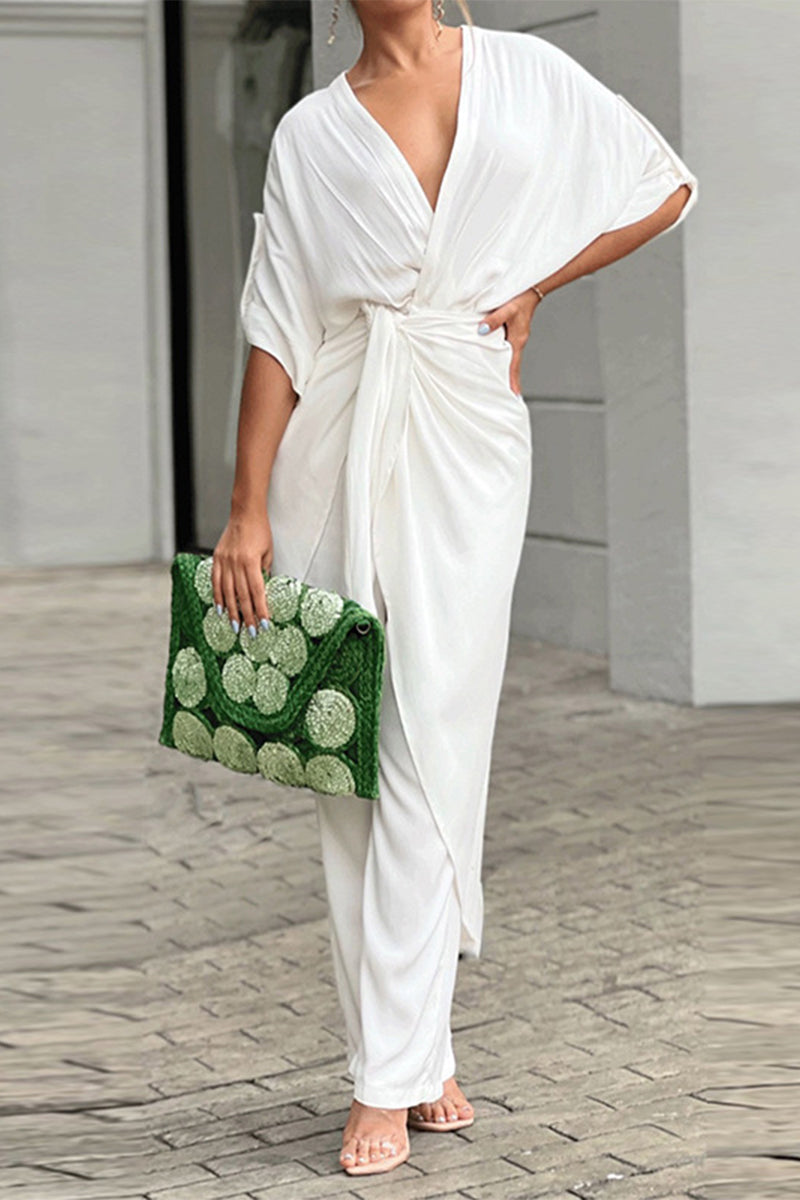 Casual Solid Frenulum V Neck Regular Jumpsuits (3 colors)