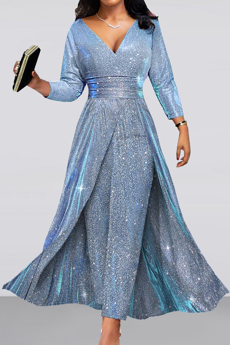 Casual Bronzing Patchwork V-Neck Skinny Jumpsuits