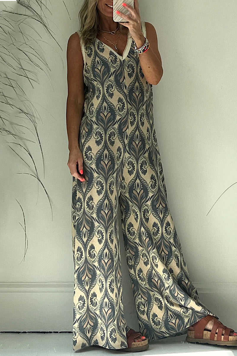 LD college geometric-print V-neck loose jumpsuits