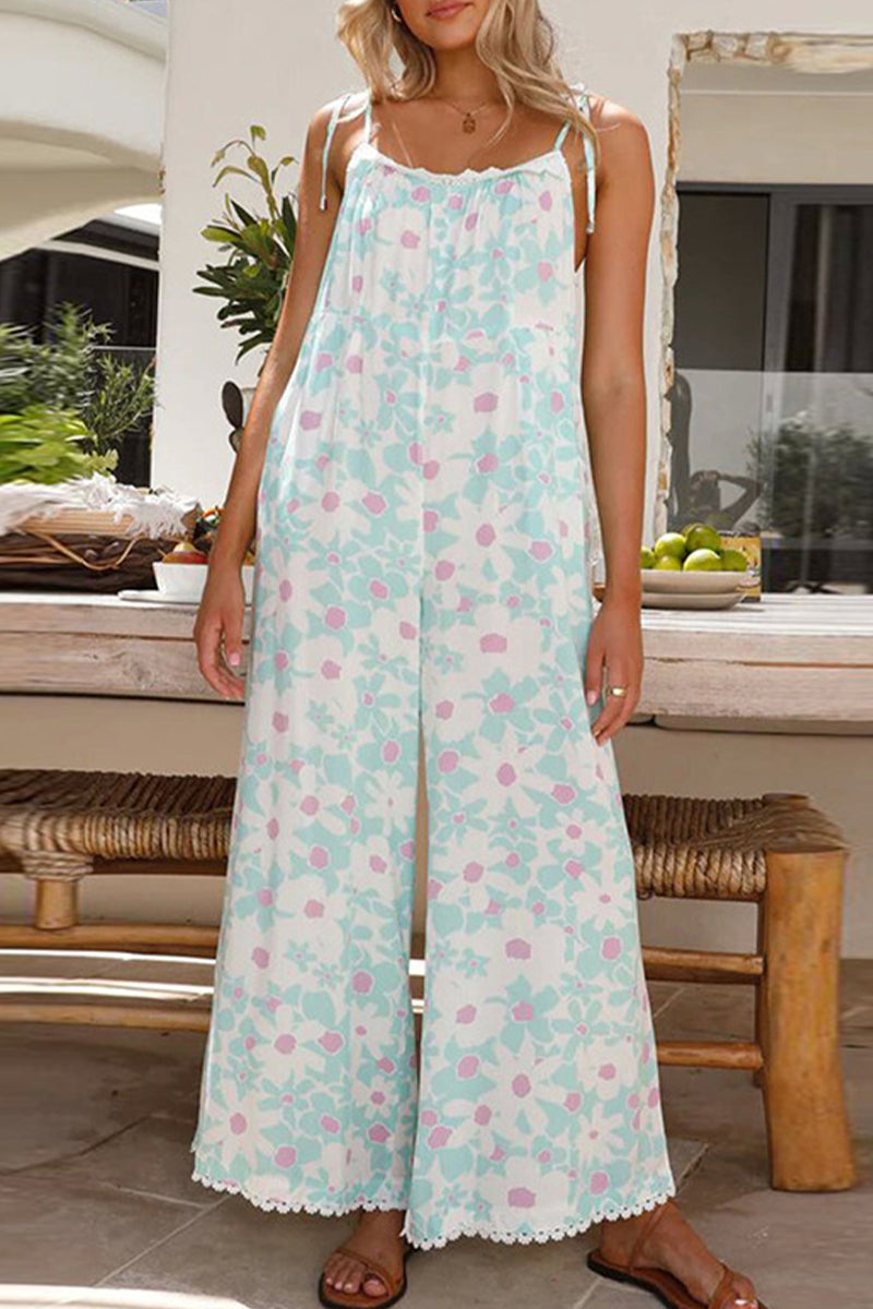 Floral Backless U Neck Loose Jumpsuits