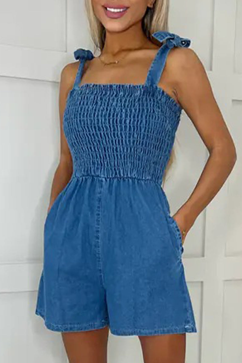 solid square-collar sleeveless loose denim jumpsuits