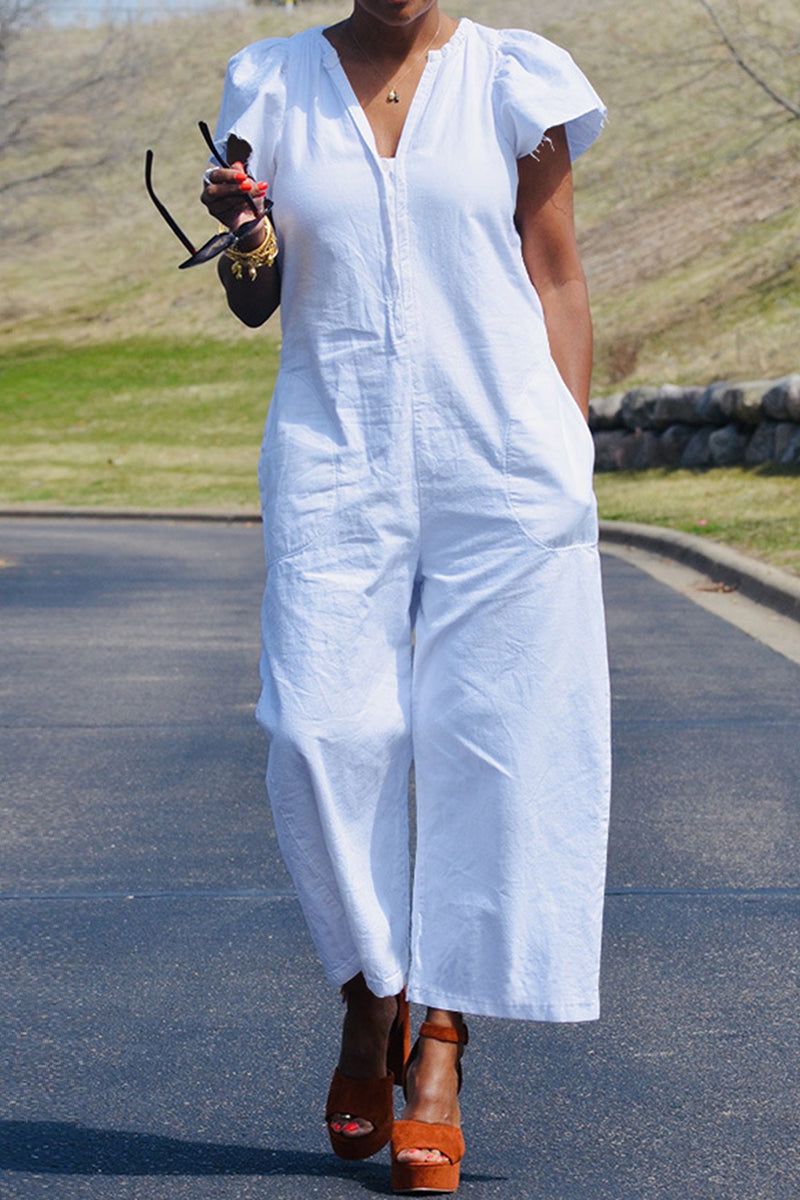 Casual Solid Patchwork & V Neck Regular Jumpsuit