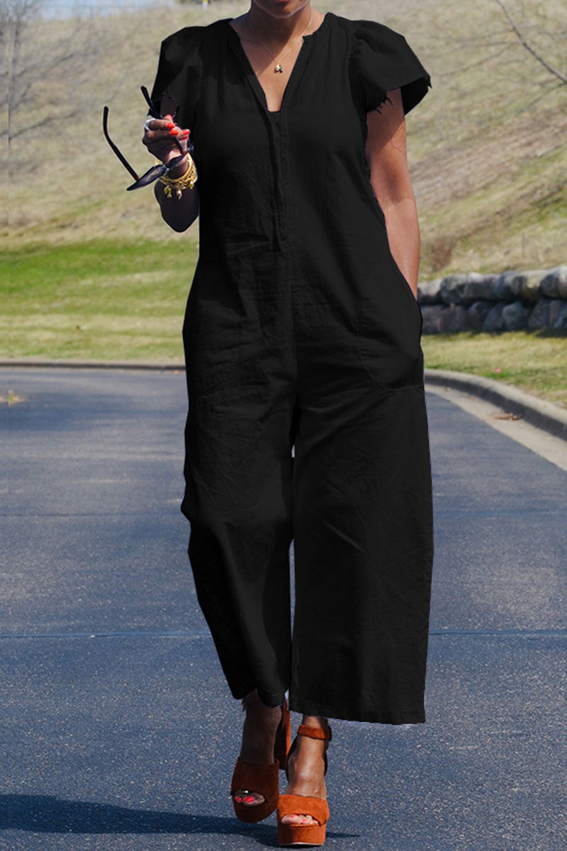 Casual Solid Patchwork & V Neck Regular Jumpsuit