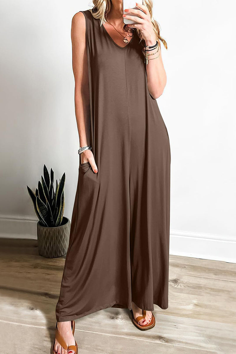 LD Simplicity Solid Pocket V-Neck Loose Jumpsuits