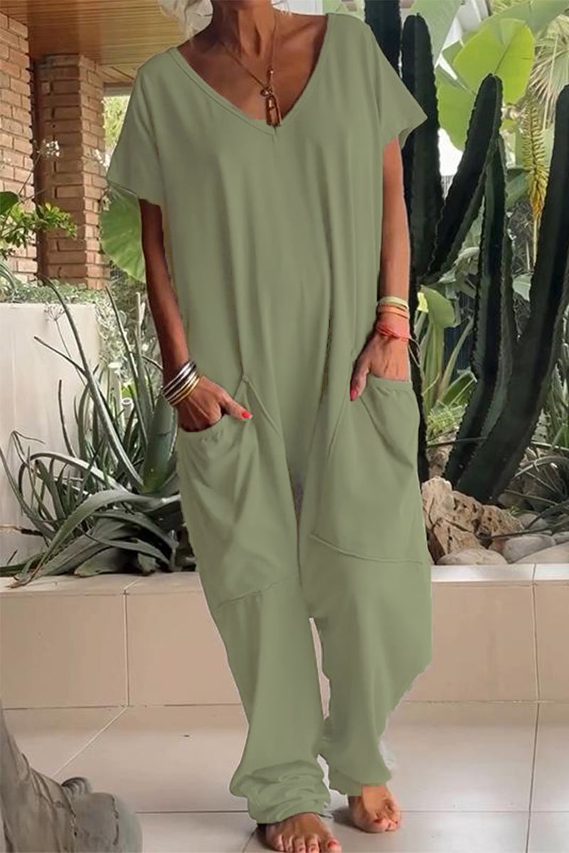 Casual everyday solid color pocket V neck loose jumpsuits (8 colors)