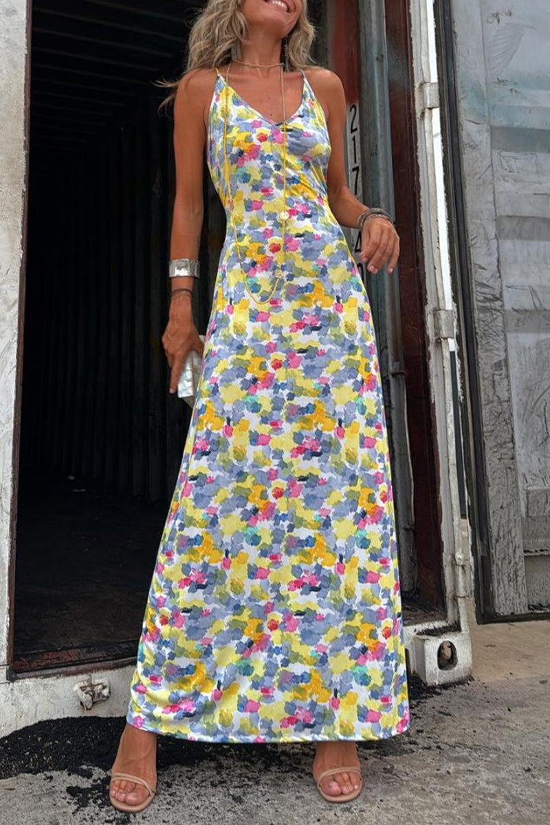 LP | Casual Dresses with Geometric Print Backless Contrast Skirt with V-neck and Single Layer (Two Ways to Wear)