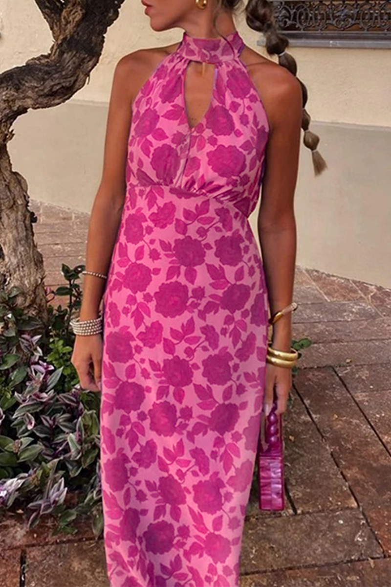 LP | Sexy floral print celebrity dresses, backless high neck, single layer skirt