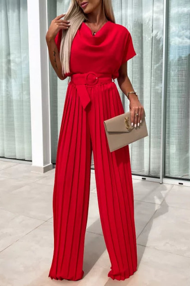 Casual solid color with belt pleated pile collar loose jumpsuits (3 colors)