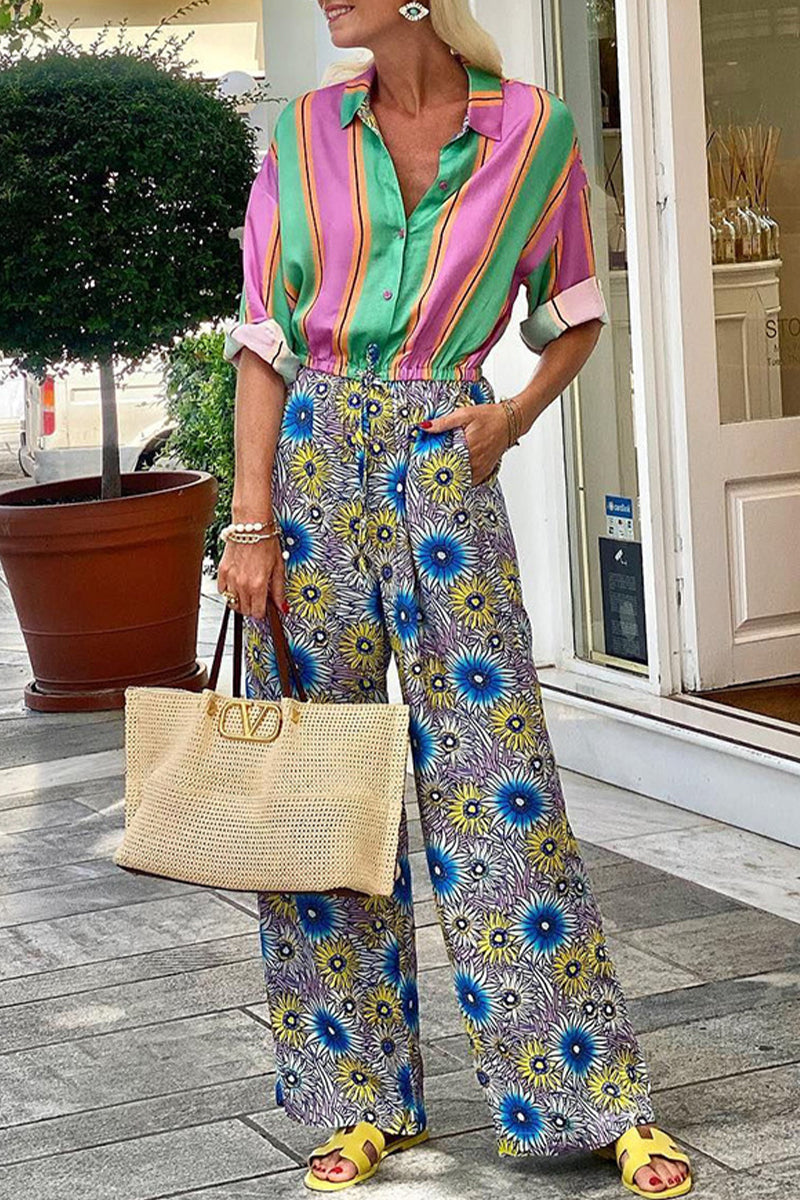 LD Casual Street Striped Print Floral Pocket Side Up Buttons Lap Collar Loose Jumpsuits